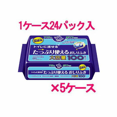 代引不可 送料無料！ ニオイをおさえる緑茶カテキン配合！ アクティ　流せるおしりふき（100枚入×24パック入り）×5ケース