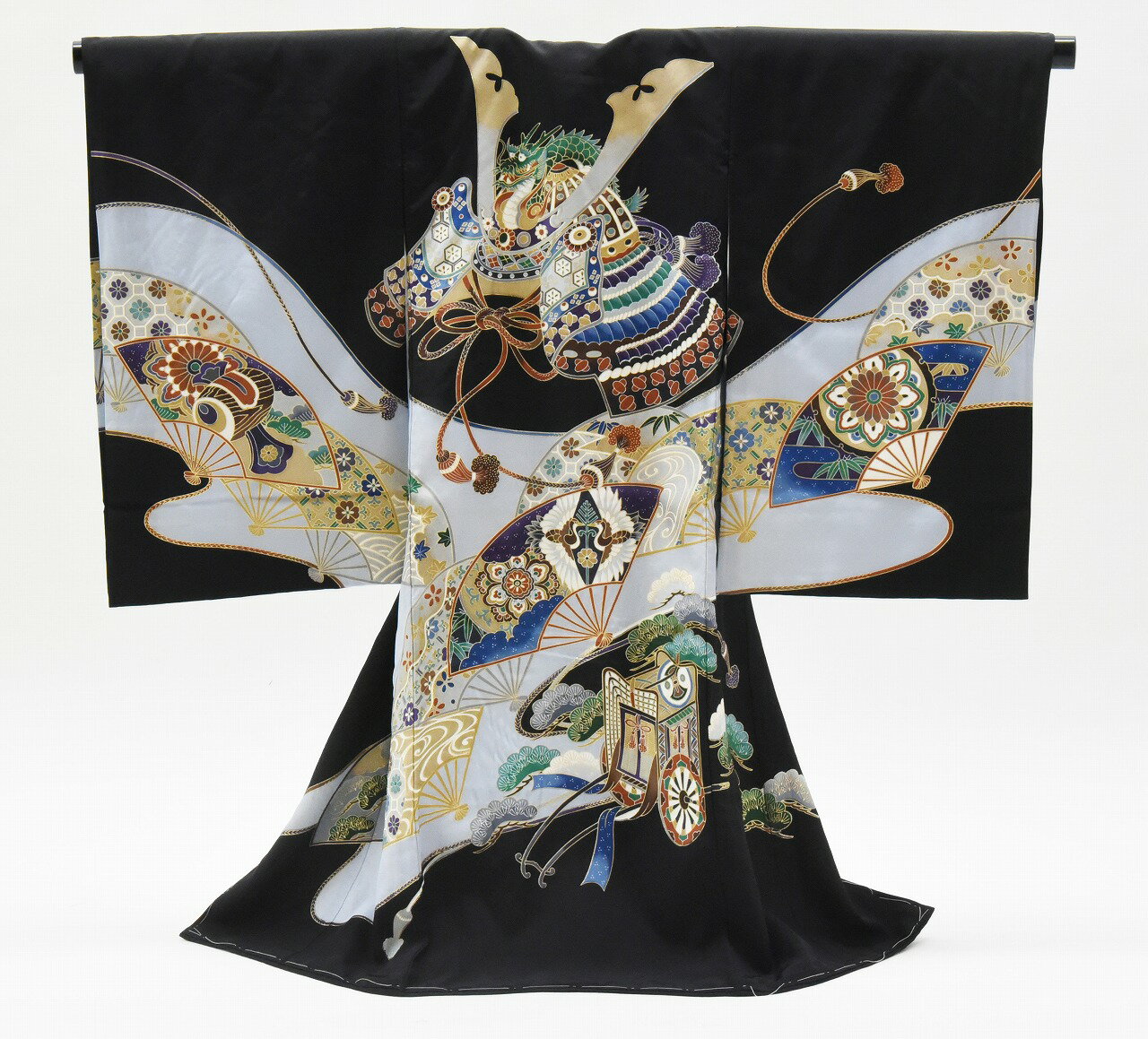【 レンタル 】 お宮参り レンタル着物 祝着 産着 セット 扇 兜 男の子 赤ちゃん 産着レンタル レンタル産着 祝着レンタル 帽子 よだれ掛け かぶと 絹 正絹 黒 送料無料 祝い着 記念撮影 帽子 男児 着物 正絹
