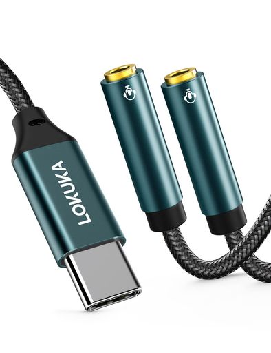 LOKUKA USB C イヤホンジャック 二股 4極 分岐 分配 マイク機能搭載 ボイスチャット DAC搭載 ハイレゾ対応 音楽再生 音声通話 音量調節 TYPE C 機器用 2人用 28CM LC3