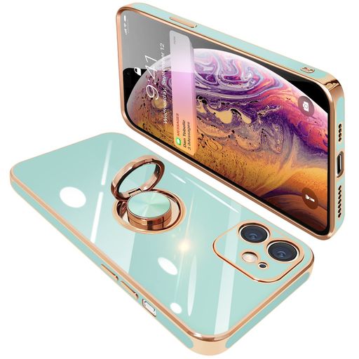 乐天商城 - ONETIAOLONGに適合するiPhone12Mini用のケースリング付きアイフォン12Mini用のリングカバー耐衝撃TPUメッキ加工360°回転スタンド機能車載ホルダーストラップホール付き5.4インチ(ライトシアン)