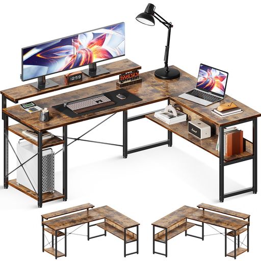 ODK パソコンデスク L字デスク 幅155 ゲーミングデスク デスク 机 棚付き PCデスク コーナーデスク 収納 エル字デスク 3段階モニター台付き オフィスデスク 仕事用 在宅勤務 組立簡単 ビンテージ