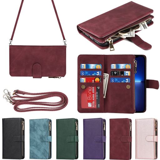 Rakuten - EastwaveアイフォンiPhone13ProMaxケースforiPhone13promax縄掛けケース手帳型財布型ICカードコインポケットストラップ付きカード収納小銭入れファスナーポケット付きPUレザー6色