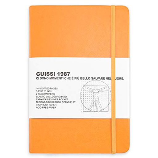 GUISSI クラシックドットグリッド ブレットノートブック ジャーナル ドットハードカバー A5 プレミアム 100GSM 厚手 中性紙 ファインインナーポケット付き フェイクレザー オフィス 学校用品 イエロー