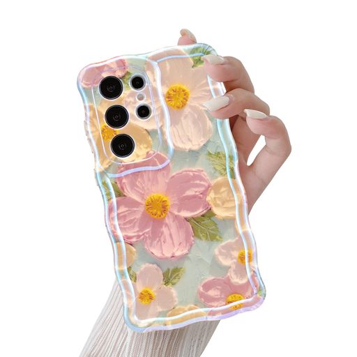 QLTYPRI Galaxy S24 Ultra ケース ギャラクシーS24 Ultra ケース SC-52E SCG27 TPU カバー ウェーブ おしゃれ 韓国 可愛い 花柄 薄型 軽量 耐衝撃 スマホケース ワイヤレス充電対応 ストラップホール付き