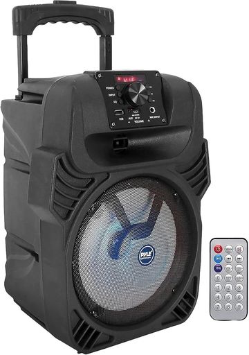 【Pyle400WポータブルBluetoothPAスピーカー】-8インチサブウーファーシステム、4Ω/55-20kHz、USB/MP3/FMラジオ/1⁄4マイク入力、マルチカラーLEDライト、リモコン付き充電式バッテリー内蔵