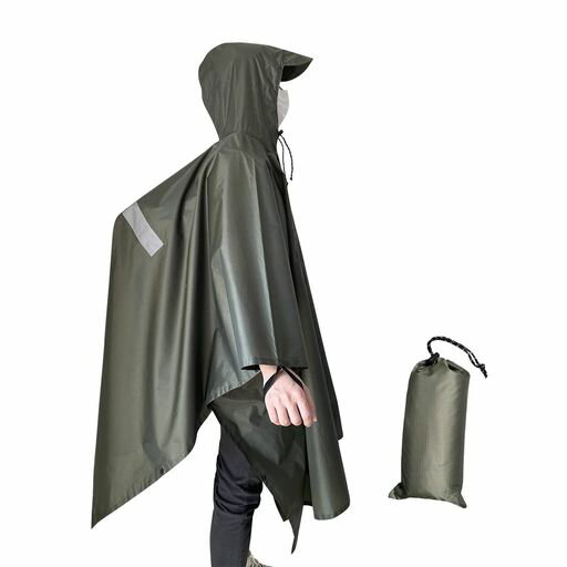 [Missmat]多機能レインポンチョ3Way雨具/マット/簡易タープ調整可能フード&防風袖口防水超軽量コンパクト収納袋付きハイキング釣りキャンプに適男女兼用(グリーン)