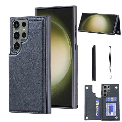 Rakuten - 【Geshh】GalaxyS25Ultra/docomoSC-52F/auSCG32対応財布型ケースカード収納左右開薄型軽量耐久性カバー(ブラック)背面ケーススタンド機能手触りが良い上質スキミング防止手帳型ケース適用