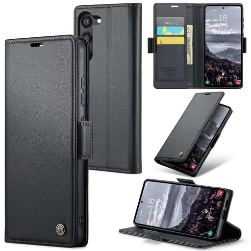 XIMANDSamsungGalaxyS24ウォレットケース、キックスタンド3クレジットカードスロットとキャッシュスロット付きRFIDブロッキングマグネット開閉ワイヤレス充電スリムPUレザー保護カバー-ブラック