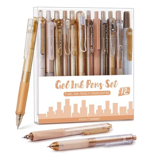 FOUR CANDIES 12本パステルゲルインクボールペンセット 11本ジェルボールペン&1本蛍光ペン 引き込み式 0.5MM かわいい ノート テイキングペン 学校 オフィス用(ブラウン)