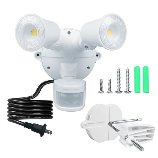 コンセント式、LED人感センサーライト、屋外用、2灯式、防雨仕様、明るさ2500ルーメン、AC100V50/60Hz..