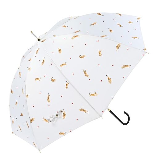 雨 ベーシックな8本骨の傘に親骨はしなやかで丈夫なグラスファイバーと中棒にはアルミを使用することで、より軽く使いやすい傘にしました。開いた時の形状も8本骨らしいエレガントな丸みを帯びたドーム型になっています。 指や爪をはさみにくい「安全ろくろ(ストッパー)」を使用しているので、ボタン部分を押して開閉でき安心してお使いいただけます。ハンドル部分はゴールドになっておりますのでスマートで大人な印象です。 本製品は雨傘としてご使用いただくことを主としていますがアクリルコーティング加工を施しているため紫外線防止効果があります。紫外線遮蔽率は濃色生地で約90%、淡色生地で約80%が目安となります。 かわいいトラが元気いっぱいに走り回るデザインです。散りばめられたハートがアクセント。ラフなタッチのイラストで愛らしく個性的なデザインは、ファッションのアクセントになります。