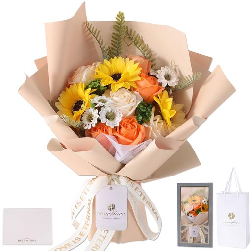 香冠柏 - Fiorifioreソープフラワーひまわり花束卒業式ギフト人気プレゼント母の日誕生日造花ひな菊バラ女性退職祝い送別会インテリア(Candice)