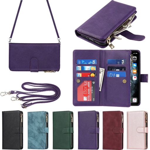 Rakuten - EastwaveアイフォンforiPhone11ProケースforiPhone11pro縄掛けケース手帳型財布型ICカードコインポケットストラップ付きカード収納小銭入れファスナーポケット付きPUレザー6色パープル