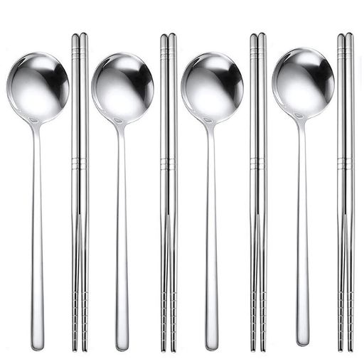 KXLCGYK スプーン お箸 4セット 18-8ステンレス 韓国スプーン 角箸 軽い中空箸 韓国食器 カレー鏡面仕上げ ディナーカトラリーセット シルバー 食洗機対応