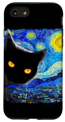 星月夜の猫ゴッホ猫猫の芸術愛好家猫お母さんお父さんスマホケースiPhoneSE(2020)/7/8用