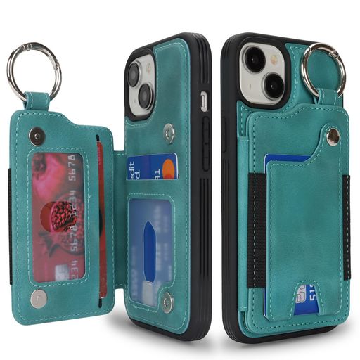 SailorTechケースiPhone14/13背面ケース翻蓋型指リング機能付きカードホルダー付き女性用アイフォン14手帳ケース横置き機能スロット付きおしゃれなケースiPhone13/14ケース背面収納6.1in-ティール