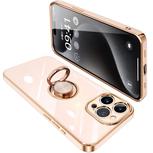 Rakuten - ONETIAOLONGに適合するiPhone15ProMax用のケースリング付きアイフォン15ProMax用のリングカバー耐衝撃TPU360°回転スタンド機能メッキ加工車載ホルダーストラップホール付き6.7インチ(ピンク)
