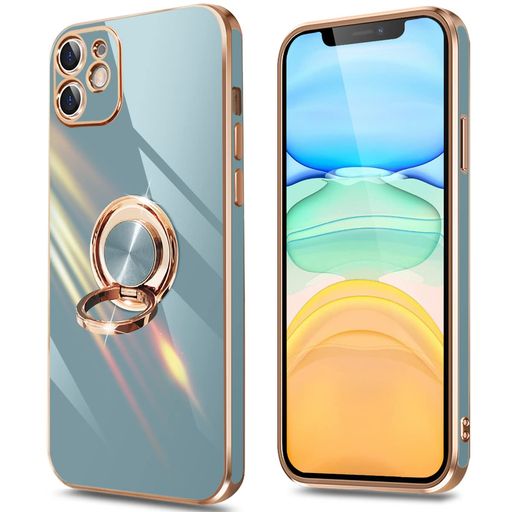 乐天商城 - IPhone11ケースリングiphone11カバーリング付き携帯カバーカメラ保護耐衝撃薄型TPU軽量シリコンスタンド機能付き360回転車載ホルダー(グレーブルー)
