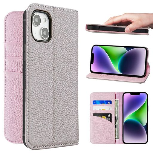 NanHouFor適用するiPhone14Plusケース本革手帳型カバー耐衝撃保護カバー本革内蔵マグネッRFIDト財布型携帯カバーカードポケットスタンド機能に適したアイフォン14Plus-グレー/ピンク