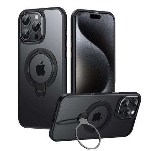 Rakuten - 2024新登場ダブルリングiPhone15ProケースMagsafe対応縦置き定点360度回転フラット収納リングアイフォン15Proリングケース耐衝撃艶消し透明クリアマグセーフケース黒
