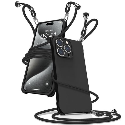 乐天商城 - Muciyazi用のiPhone15Proケースショルダーシリコンアイフォン15Proカバー耐衝撃肩掛け斜めかけ縄掛けケース紐付き長さ調整可能取り外し可能傷付き防止マット質感指紋防止(ブラック)