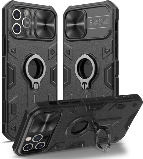 Rakuten - MoogukadaniPhone15ProMax用ケース360°回転リングスライド式カメラプロテクター付きかっこいいカメラカバー耐衝撃TPUバンパー男性格好いいおしゃれリングスタンド付き(黒(LOGO穴))