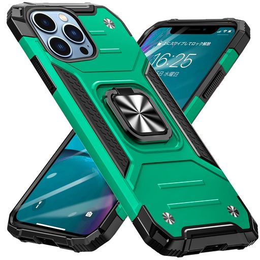 iPhone12Pro用ケースiPhone12用ケースリングPC+TPU米国軍事MIL標準取得衝撃吸収耐衝撃落下防止スタンド機能二重構造防塵薄型軽量一体型360度回転全面保護カバーアイフォン用ケース緑