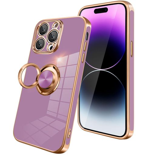 IPHONE 14PRO ケース リング付き スマホケース IPHONE 14PRO 耐衝撃 メッキ加工 TPU 携帯カバー 車載ホルダー 360度回転 多機能 スタンド機能 ストラップホール付き アイフォン 14PRO ケース 6.1インチ用 パープル