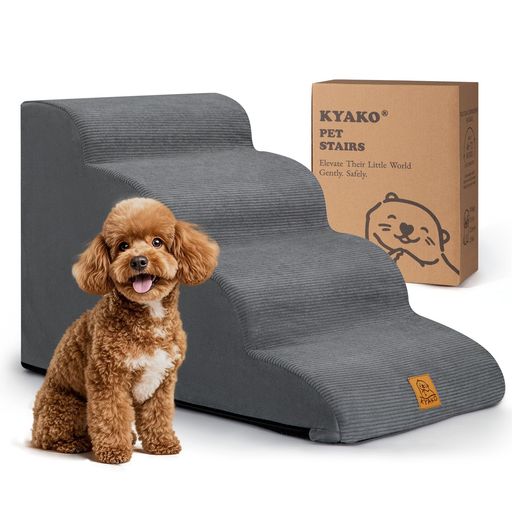 KYAKO 犬 階段 スロープ ペットステップ 35D高反発 ドッグステップ 洗えるカバー 滑り止め&取っ手付き 4段, グレー