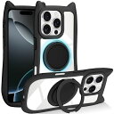 IPHONE15PRO専用ケースクリアカバーハイブリッド猫耳ネコミミ背面ガラスクリアかわいいおしゃれストラップホールアイフォン15PROスマホケース多機能全面保護落下防止(ブラック)