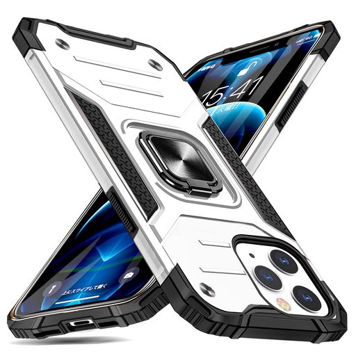 iPhone12Pro用ケース/iPhone12用ケースリング付き衝撃吸収耐衝撃落下防止米国軍事MIL標準取得スタンド機能PC+TPU二重構造防塵薄型軽量一体型360度回転全面保護カバーアイフォンケース銀