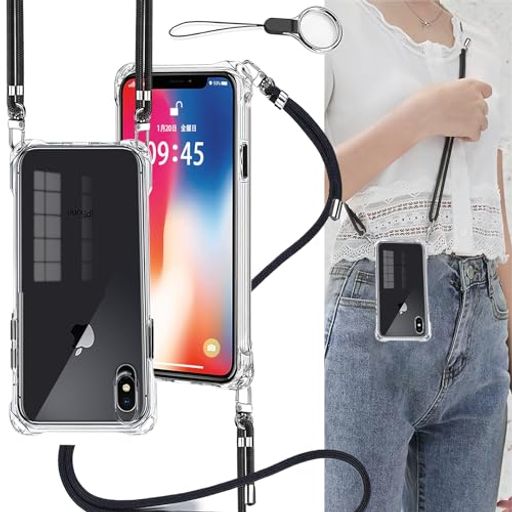 Rakuten - OJBSENiPhoneXs/X用ケースアイフォンXs/Xカバー[ストラップ2枚付き]調節可能なショルダー肩がけ首掛け紐付き斜めがけ薄型透明シリコンTPU軽量バンパーストラップホール付き[耐衝撃レンズ保護