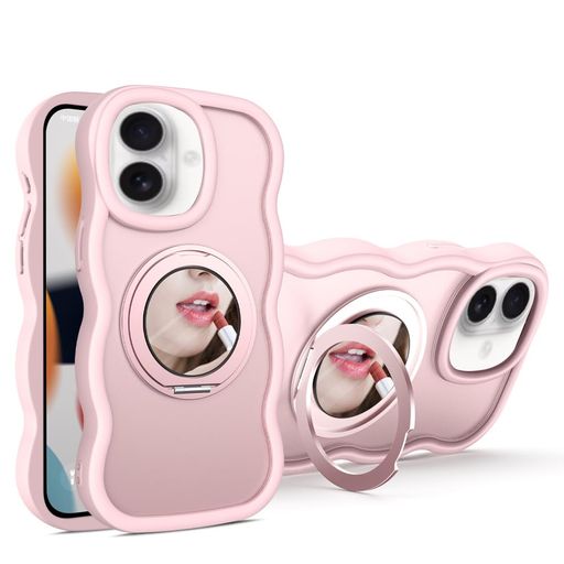 KanyakuIphone16Plus用のケースmagsafe対応超強磁力TPU韓国可愛いウェーブソフト滑り止め鏡付き耐衝撃半透明マット感おしゃれスマホケースアイフォン16Plus用ケース360°回転スタンド
