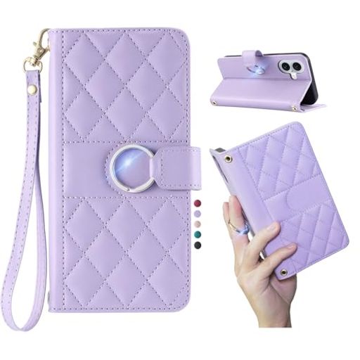 淳一屋iPhone16リング付きキルティグレザー調手帳型ケースエレガントでかわいいストラップ付き優れるカード収納力スタンド機能マグネット開閉全面保護(パープル)