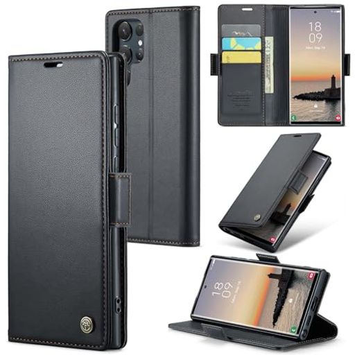 XIMANDSamsungGalaxyS24Ultraウォレットケース、キックスタンド3クレジットカードスロットとキャッシュスロット付きRFIDブロッキングマグネット開閉ワイヤレス充電スリムPUレザー保護カバー-ブ…