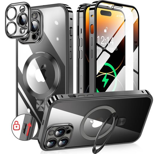 HGUTREY【スタンド機能付き・アクションボタン】iPhone14Pro用ケースクリア【ロック付き】【CDリング・..