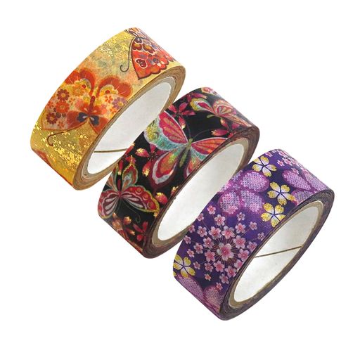 本体サイズ:約φ4x1.5cm(1個あたり) 本体重量:約30g 素材・材質:和紙 原産国:日本 マスキングテープの長さ:約幅15mmx7m巻(1巻あたり) / セット内容:蝶・桜蝶・疋田桜x各1巻、計3巻