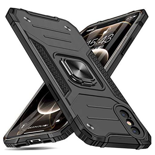 Rakuten - iPhoneXSMax用ケースリング付き衝撃吸収耐衝撃落下防止米国軍事MIL標準取得スタンド機能PC+TPU二重構造防塵薄型軽量一体型360度回転全面保護カバーアイフォン用ケース黒