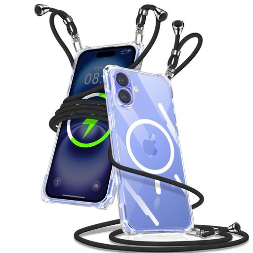 IPHONE 16 PLUS 用 ケース クリア ショルダー MAGSAFE対応 IPHONE16 PLUS スマホケース 携帯ストラップ マグセーフ対応 アイフォン16 PLUS カバー 肩掛け 斜めかけ 縄掛けケース 透明 TPU 携帯ケース 紐付き
