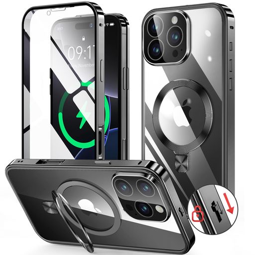 HGUTREY【スタンド機能付き・アクションボタン】iPhone16Pro用ケースクリア【ロック付き】【CDリング・..