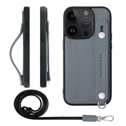HANATORA for iPhone 14Pro ケース 本革 耐衝撃 背面ベルト ストラップリング スマホケース スマホ スタンド機能 ネックストラップ 付き カードポケット シュリンクレザー ギフト ブルーグレー