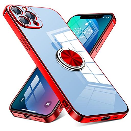 乐天商城 - iPhone12ProMax用ケースリング付きクリア耐衝撃スタンド機能透明TPU車載ホルダー対応落下防止防塵薄型軽量一体型変形防止全面保護カバーアイフォン12プロマックス用ケース赤