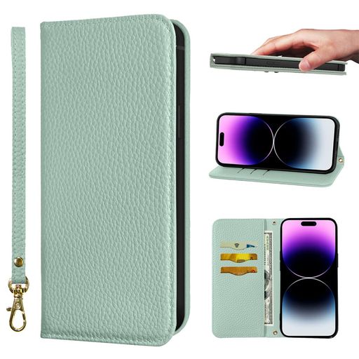 NanHouFor適用するiPhone14Proケース手帳型超繊皮カバー手帳型耐衝撃保護カバー内蔵マグネット財布型携帯カバーカードポケットスタンド機能リストバンドに適したアイフォン14Pro-ライトグリ…