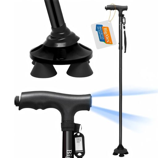 ビグアレクス(BigAlex)ステッキ杖折りたたみ杖4本足自立式4点杖男性用と女性用LEDライト折り畳み杖軽量アルミ伸縮長さ調整可能高齢者夜間散歩歩行支援収納袋付き花火大会母の日父の日敬…