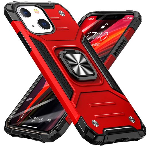 IPHONE 14 用 ケース リング PC+TPU 米国軍事MIL標準取得 衝撃吸収 耐衝撃 落下防止 スタンド機能 二重構造 防塵 薄型 軽量 一体型 360度回転 全面保護カバー アイフォン 14 用 ケース 赤 W-KM-33-05