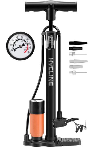 Hycline 自転車 空気入れ 携帯 フロアポンプ 米式 仏式 英式バルブ対応 160PSI 軽量 手動 くうき入れ タイヤポンプ バイク/ボール/風船/浮き輪用 エアゲージ付き (オレンジ)