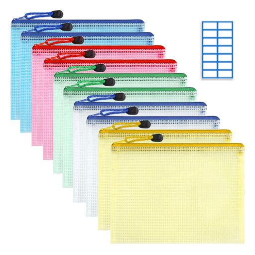 【10枚A5ファイル袋入り】●素材:PVC●サイズ:24*18cm●対応サイズ:A5●カラー:白、赤、青、黄、緑(色ごとに2つずつ入れます)●パッケージ内容:メッシュファイル袋*10枚、ラベルシート*1枚●おまとめ買い向け10枚セットです。穴あけ不要で簡単に書類をまとめることができます。 【優れたPVC素材で防水・防塵・耐久】丈夫なPVC素材で作られているので、耐久性の上に、水や汚れを防ぐ機能があります。大切なファイルを保護することができます。 【程よい透明感】ジッパーファイルバッグは、厚手のメッシュ素材、防水性、耐湿性で作られています。袋の表面に付けられているグリッドは細かめで、文字などはほぼ読めなくなります。ただ、中身のアウトラインはわかります。程よい透明感で、プライバシーが漏洩するのを防ぎますが、ファイルバッグの中のものを識別することはできます。効率的な作業に役立ちます。 【しっかりしたA5ファスナー紐付き袋で使いやすい】滑らかで丈夫な金属製ジッパー。ファスナーの開け閉めがしやすく、しっかりした作りで、密封性が良く、重要なファイルの紛失を有効的に防止します。