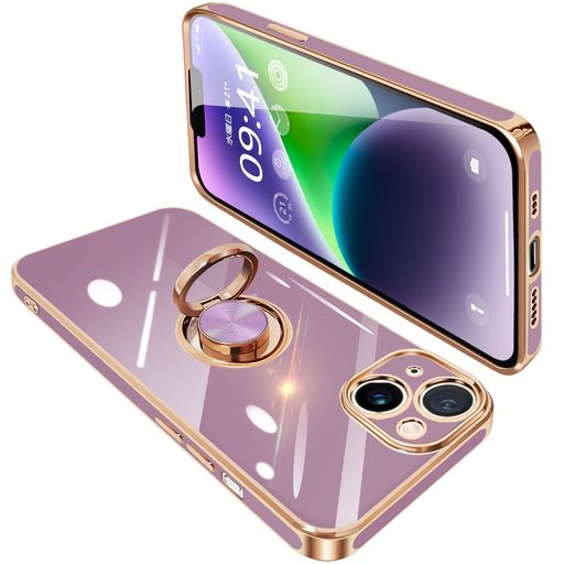 iPhone14Plusケースリング付きアイフォン14Plusリングカバー耐衝撃TPU360°回転スタンド機能メッキ加工車載ホルダーストラップホール付き6.7インチ(パープル)