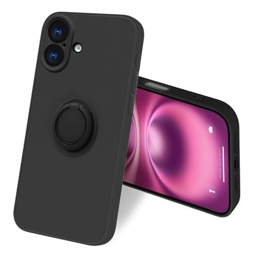 bjnosdvforiPhone16Plusケースリング付きシリコン耐衝撃アイフォン16Plusリングカバー360°回転スタンド機能リングの機能車載ホルダー対応レンズ保護指紋防止薄型ストラップホール付き(ブラック)