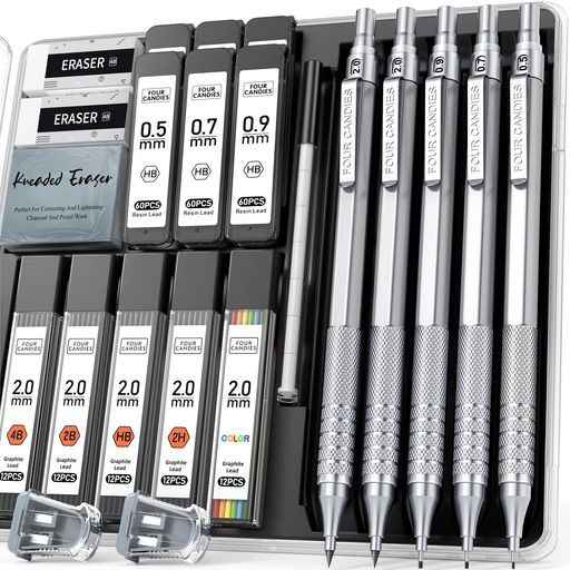 Four Candies 金属製シャープペンシル セット 0.5mm、0.7mm、0.9mm 各1本 & 2mm 2本 420本入りシャー芯(4B、2B、HB、2H、カラー) アート 製図 スケッチ 文房具セット シルバー kyomarche827-10033122 京マルシェセレクト パッケージ画像